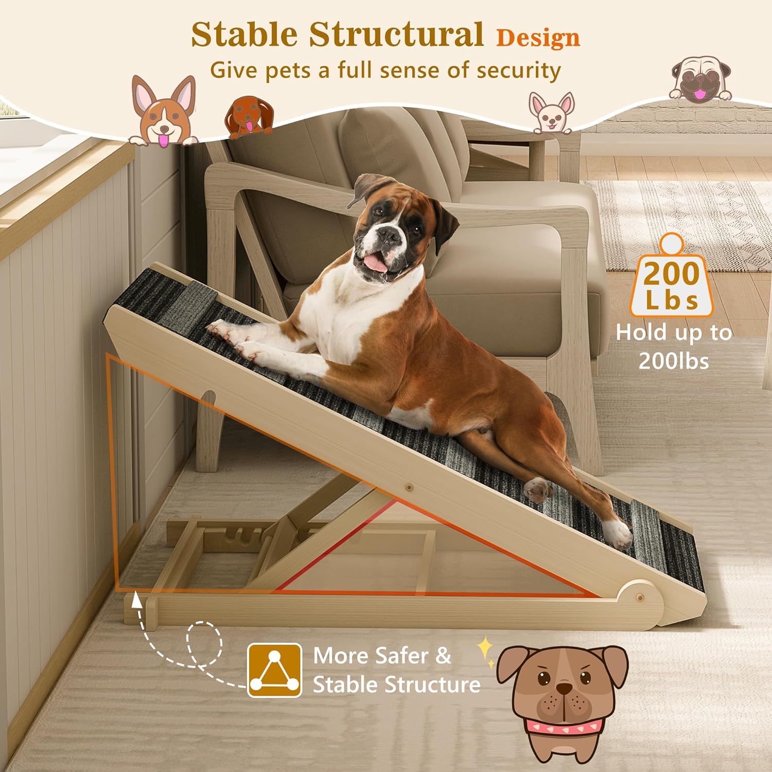 Dog Ramp, Portable Pet Ramp for Large Small Old Dogs Cats with 7 Adjustable Heights 11" to 26.6", Non-Slip High Traction Ramp for High Bed, Car and Couch, Hold up to 200 LBS