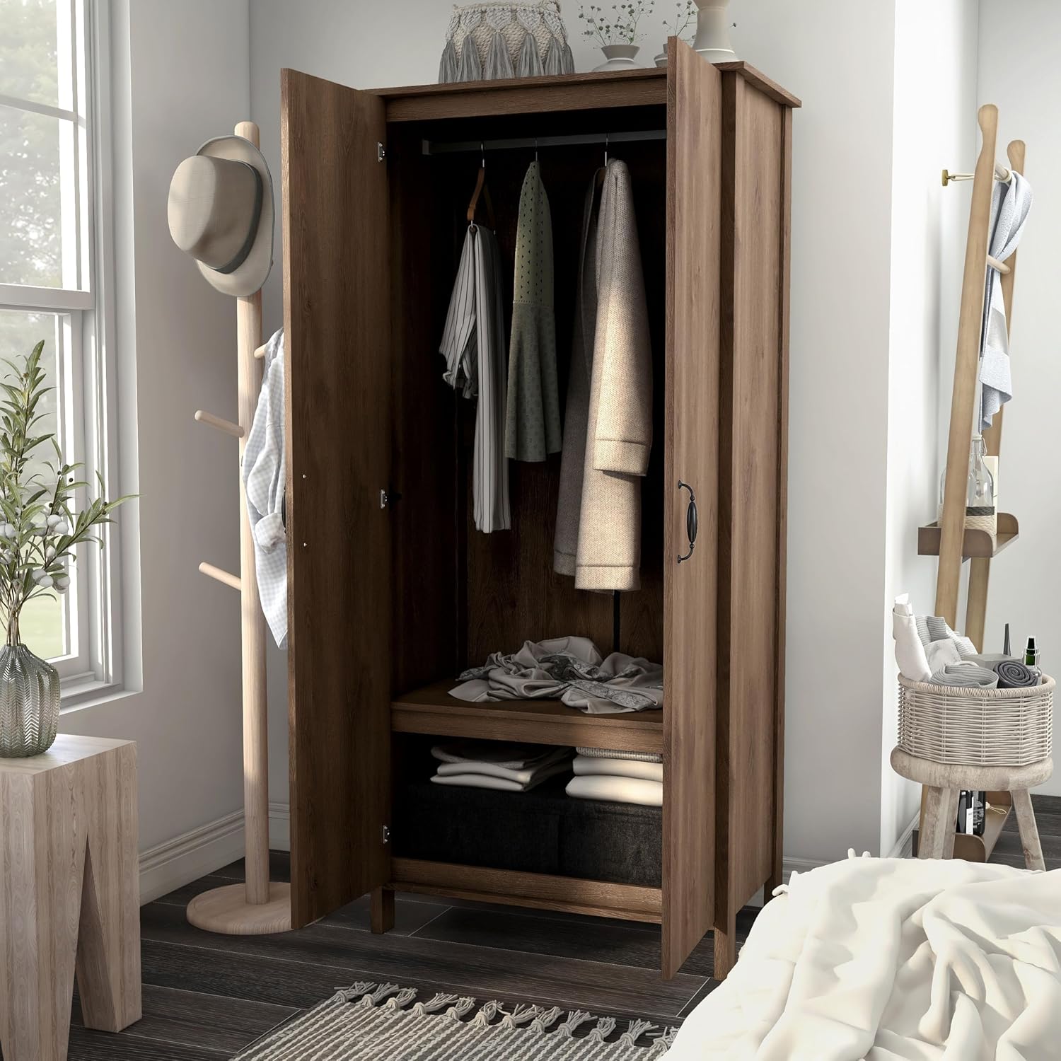 24/7 Shop at Home Piper Farmhouse 2-Doors Wood Armoire Wardrobe Closet with Fixed Shelves and Hanging Rack, Freestanding Clothes Cabinet for Bedroom, Guest room, Basement, Walnut Brown