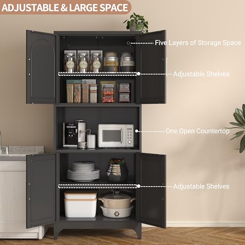 Kitchen Pantry Cabinet with Acrylic Glass Doors, 75" Metal Kitchen Hutch with Countertop, Adjustable Shelves, Freestanding Food Pantry Cabinet for Living, Dining Room, Black, Assembly Required