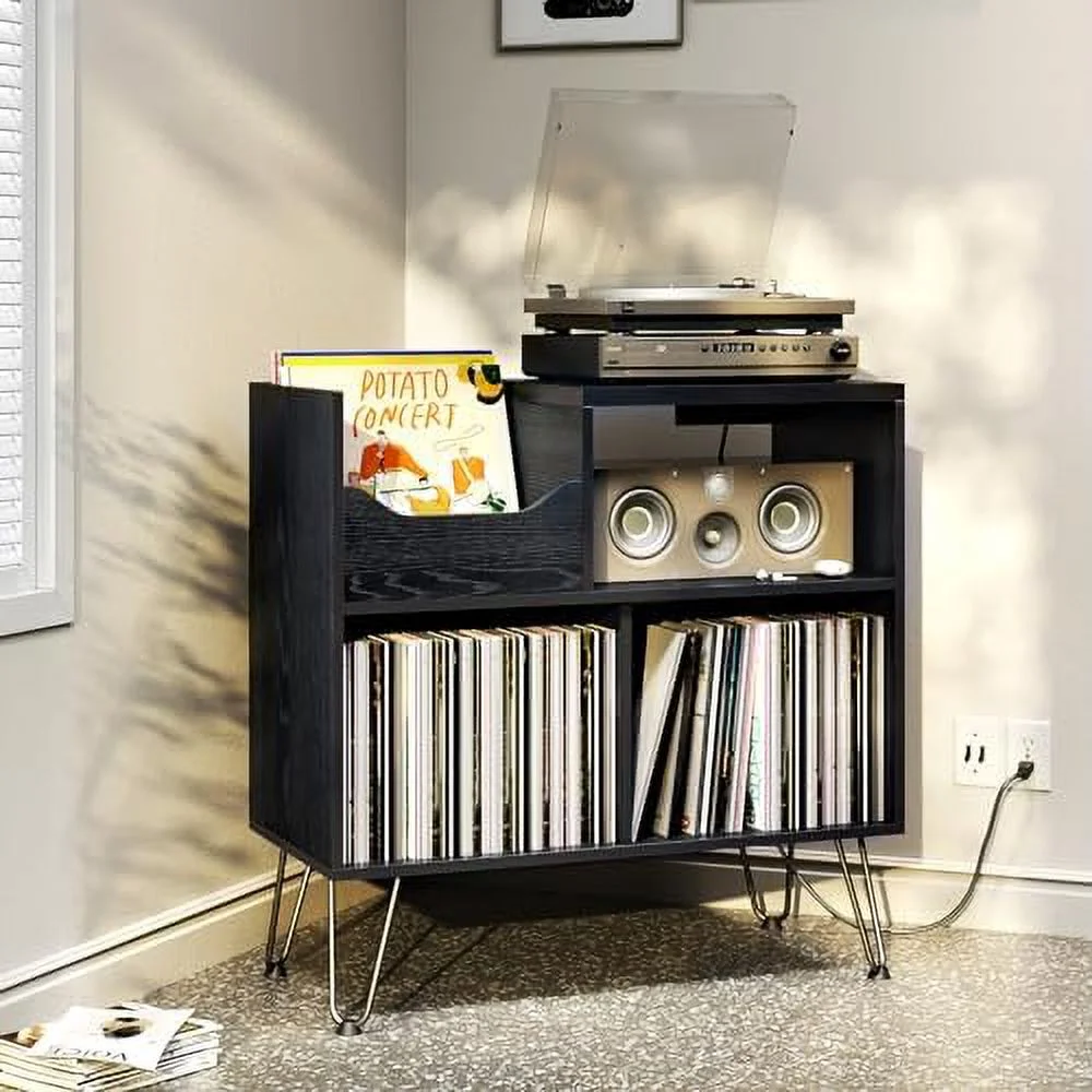 RUNFAYBIU Record Player Stand with Vibration-Isolated Turntable Design  Vinyl Record  Table with Charging Station  Mid-Century Modern Turntable Stand (Black)