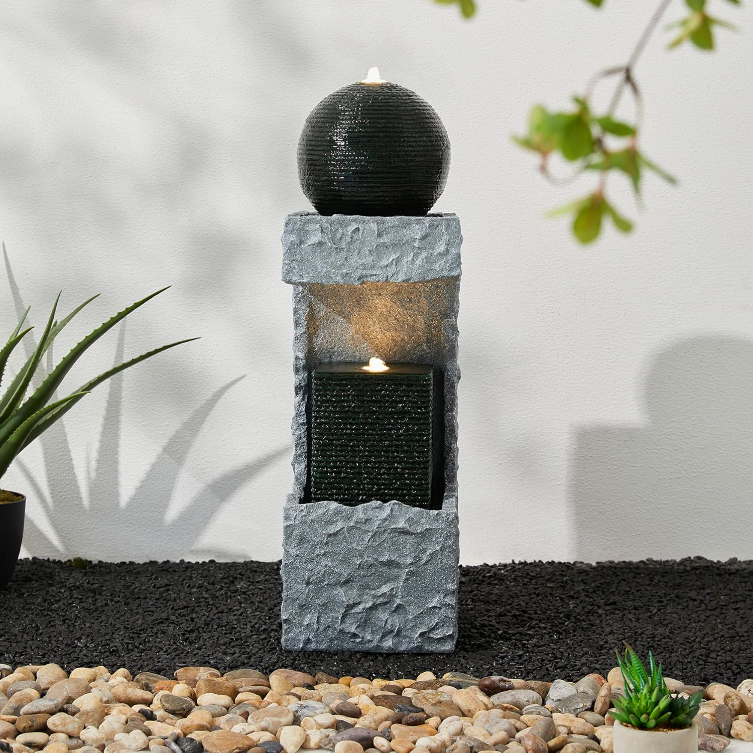 Glitzhome 2 Tiers Outdoor Water Fountain Modern Stacked Sphere Spillway Garden Decor with Pump and LED Light, 34.75" H