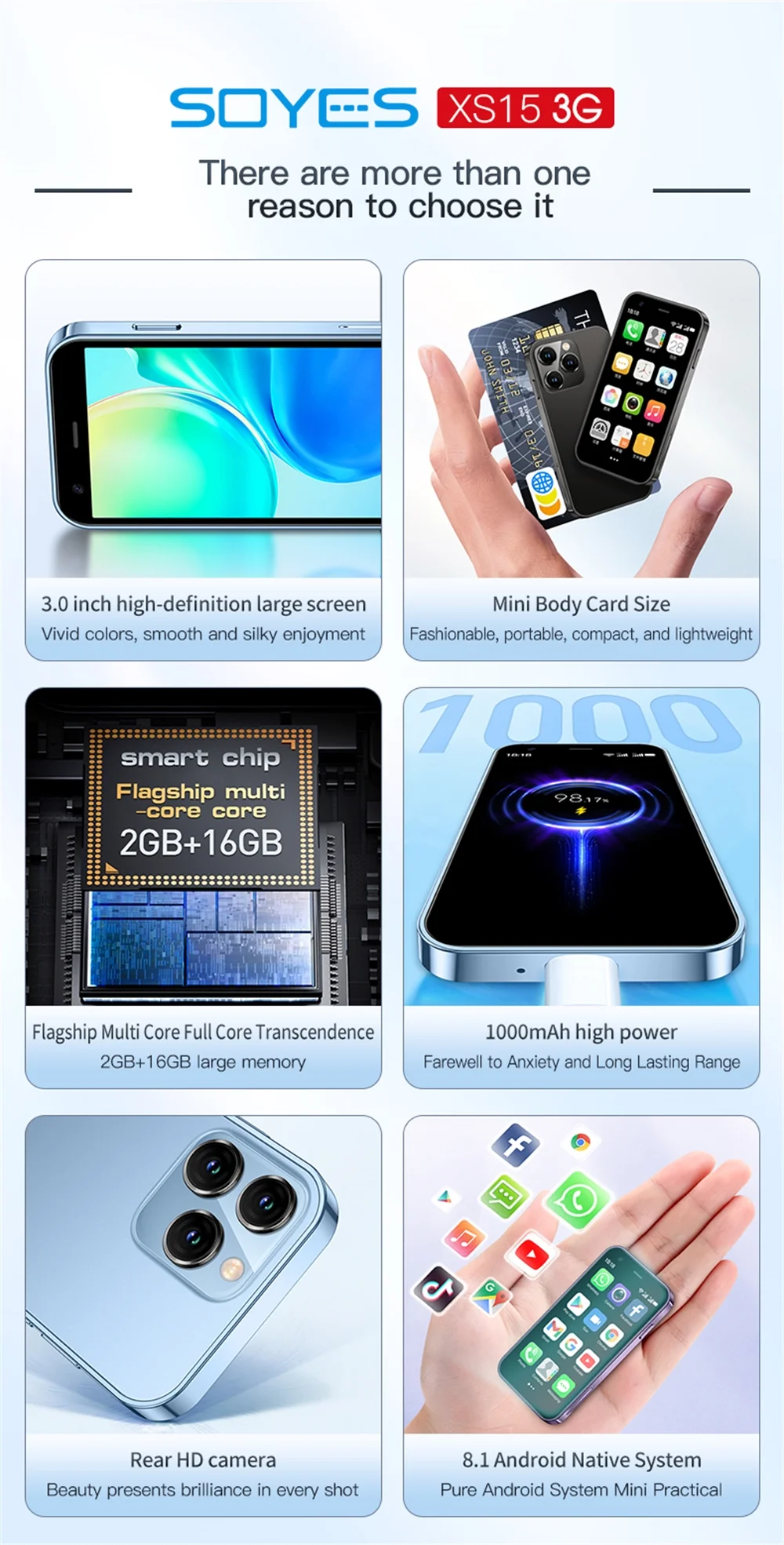 Mini Smartphone Unlocked 3G SOYES XS15 Small Smart Phone for Kid Student Android 8.1 3inches Display 2GB RAM 16GB ROM 3G WiFi Bluetooth Beckup Little Cellphone - Curated Treasures Market