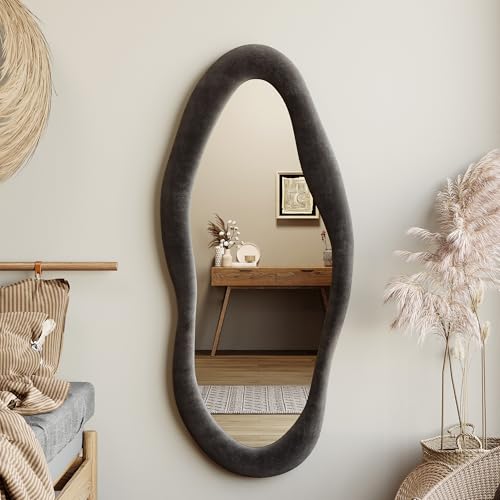 Honyee Full Length Mirror, 63" x 24" Wall Mirror, Flannel Wrapped Wooden Frame Floor Mirror, Irregular Wavy Mirror Hanging or Leaning Against Wall for Cloakroom/Bedroom/Living Room, Milk Tea