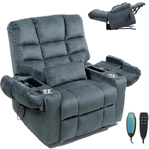 Light Grey Recliner Chair for Elderly | Tall and Big Man 400lbs | Chenille | Power Lift, Lay Flat, Stand Up, Wireless Charging Device, Extended Footrest, Massage Heat, Cup Holder, Lumbar Pillow