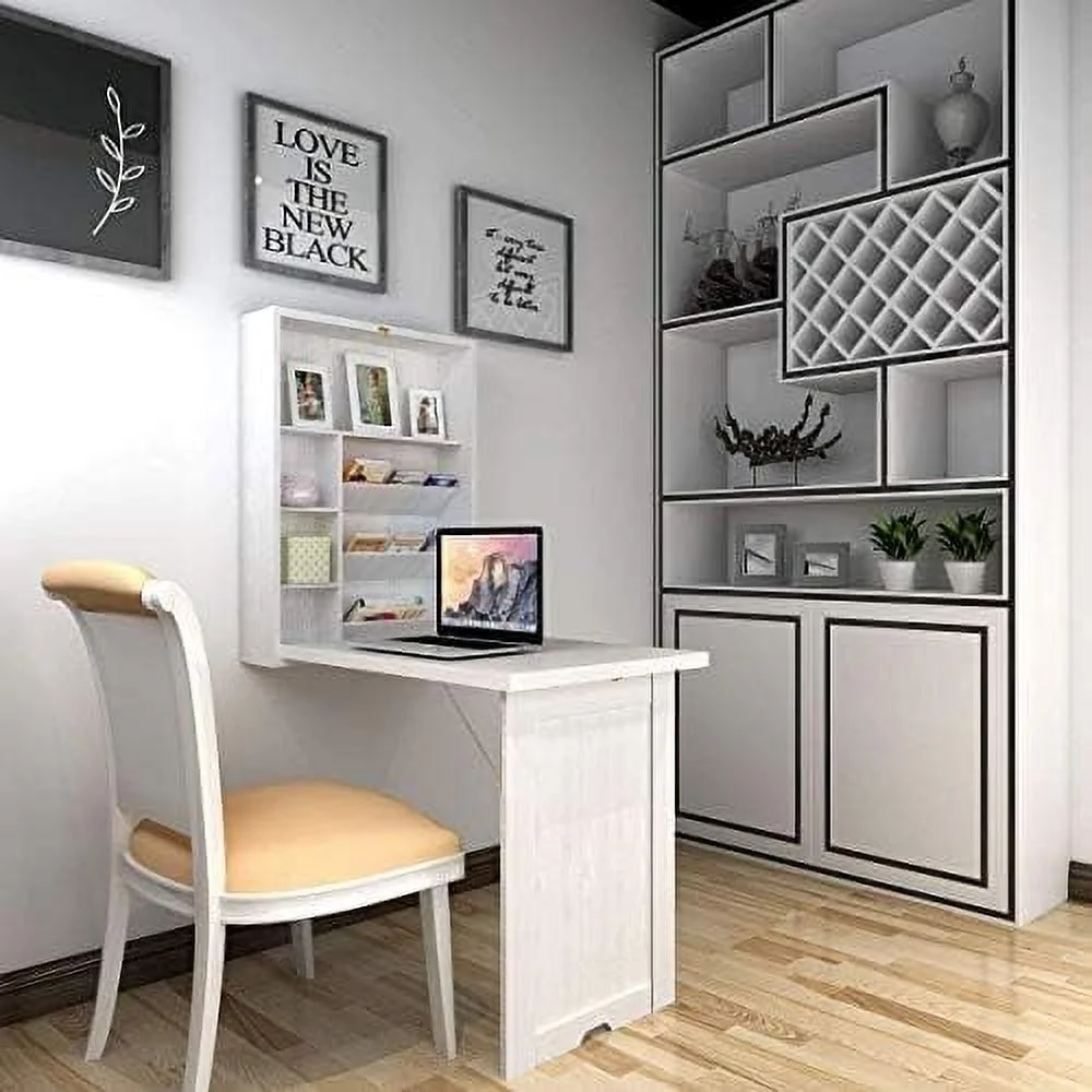 KBANZIBIU Wall Mounted Table w/Classified  Space  Foldable Multiple-Purpose Desk  Sturdy Wood Structure  Floating Convertible Desk/Cabinet for Apartment  Narrow Place and Limited Room (Wh