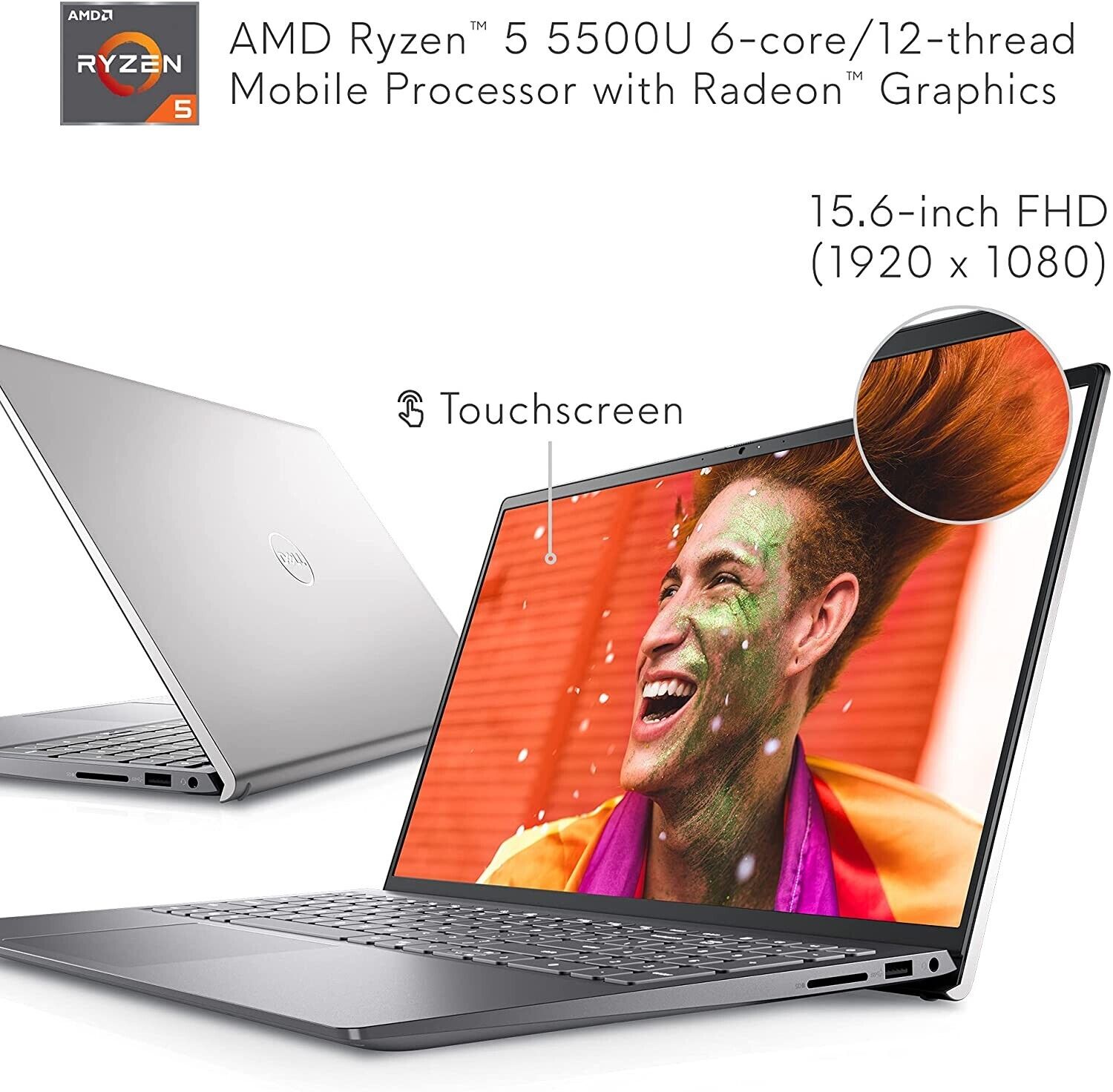 Dell Inspiron 15 5515 15.6-Inch Touchscreen Laptop - Full HD (1920 x 1080) Display, AMD Ryzen 5 5500U, 8GB DDR4 RAM, 256GB SSD, USB-C, Wi-Fi 6, Bluetooth 4.1, AMD Radeon Graphics, Windows 11 - Silver