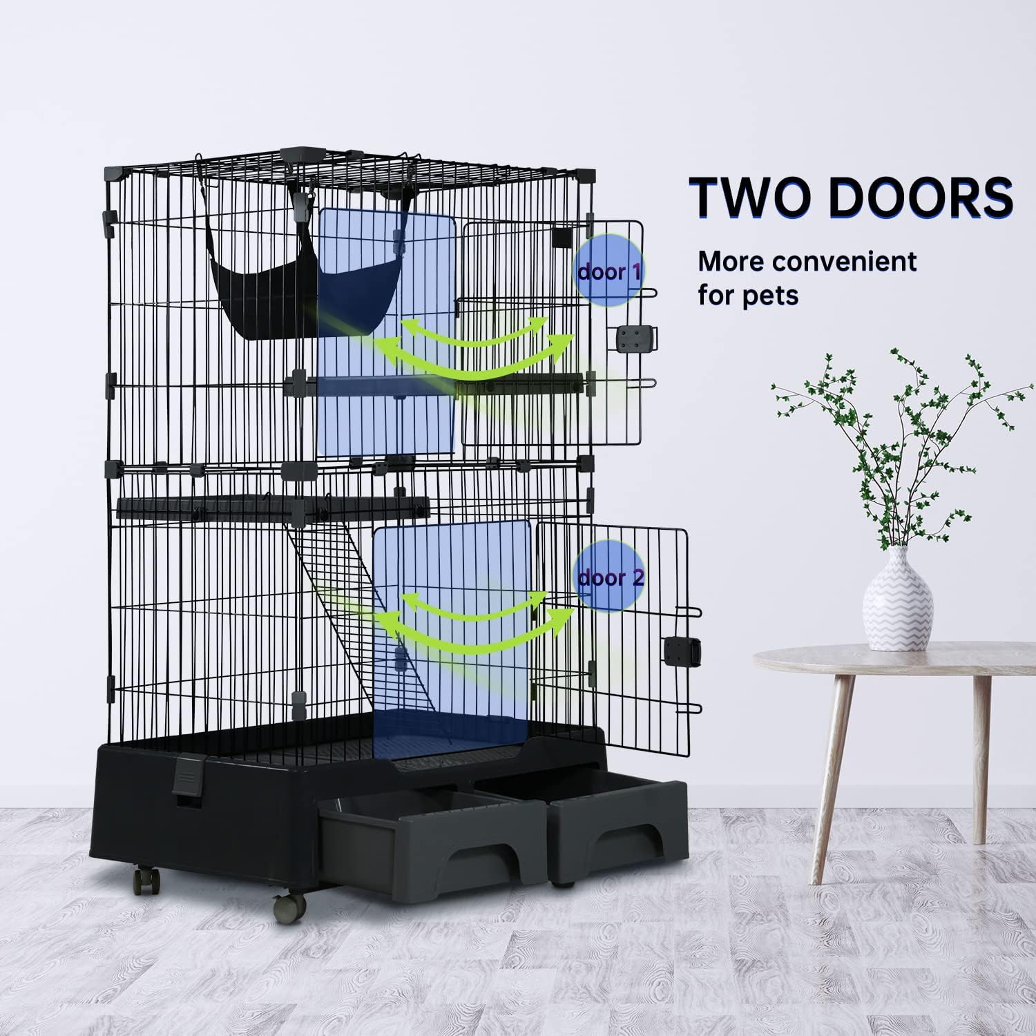 52 Inch Cat Cage Large Metal Wire Crate Cat Kennel Playpen with Litter Box & 2 Front Door & Ramp Ladders & 2 Resting Platforms Beds Tray Cage for Indoor