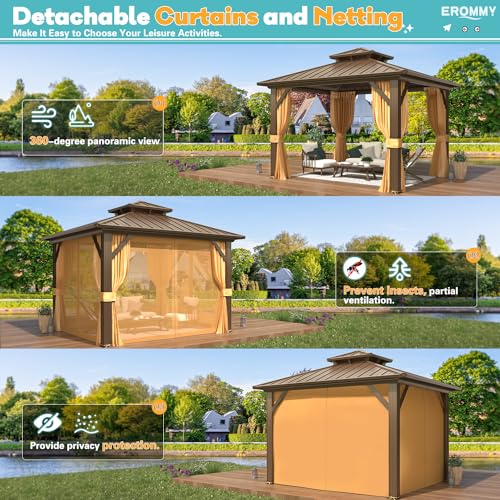 EROMMY 14'x20' Hardtop Gazebo Double Roof Galvanized Steel Canopy Outdoor Aluminum Frame Permanent Metal Pavilion with Netting and Curtains for Patio Backyard Deck and Lawns