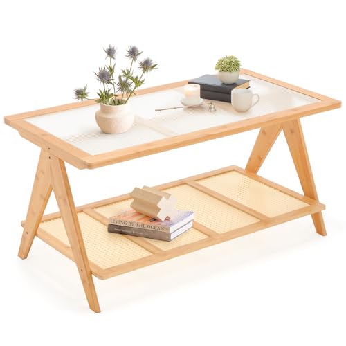 2-Tier Rattan Glass Coffee Table, Boho Bamboo Coffee Table with Glass Top & ABS Rattan Storage Shelf, Mid Century Modern Center Rectangle Coffee Table for Living Room, Small Space, Natural