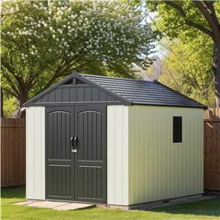 Patiowell 8 x 12 FT Plastic Outdoor Storage Shed with Floor, Resin Shed with Window and Lockable Door for Garden, Backyard, Tool Storage Use, Easy to Install in Beige (Kick-it Shed)