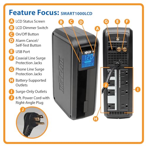 Tripp Lite SMART1500LCD 1500VA UPS Smart Battery Backup & Surge Protector, 900W, 8 Outlets, Rack Mount UPS, Tower Mount Adapter, LCD Screen, AVR, Ethernet Protection, Black