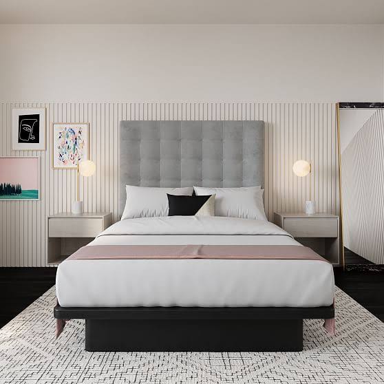 Grid Tufted Wall Mounted Headboard, King, Performance Basket Slub, Midnight