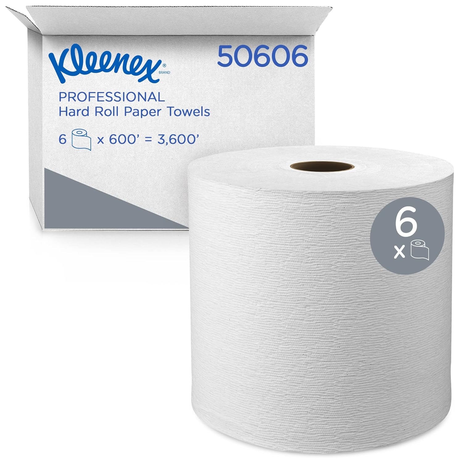 Kleenex Hard Roll Paper Towels (50606) with Premium Absorbency Pockets, 1.75 Core, White, 600'/Roll, 6 Rolls/Case, 3,600'/Case Pack of 2