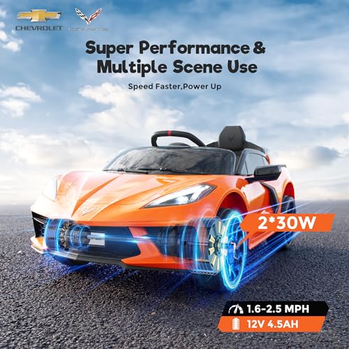 Licensed Chevrolet Corvette C8 12V Kids Electric Car Ride on Car with Remote Control Battery Powered Sports Car, 3 Speeds, Bluetooth, Shiny Dashboard, MP3 & LED Head Lights