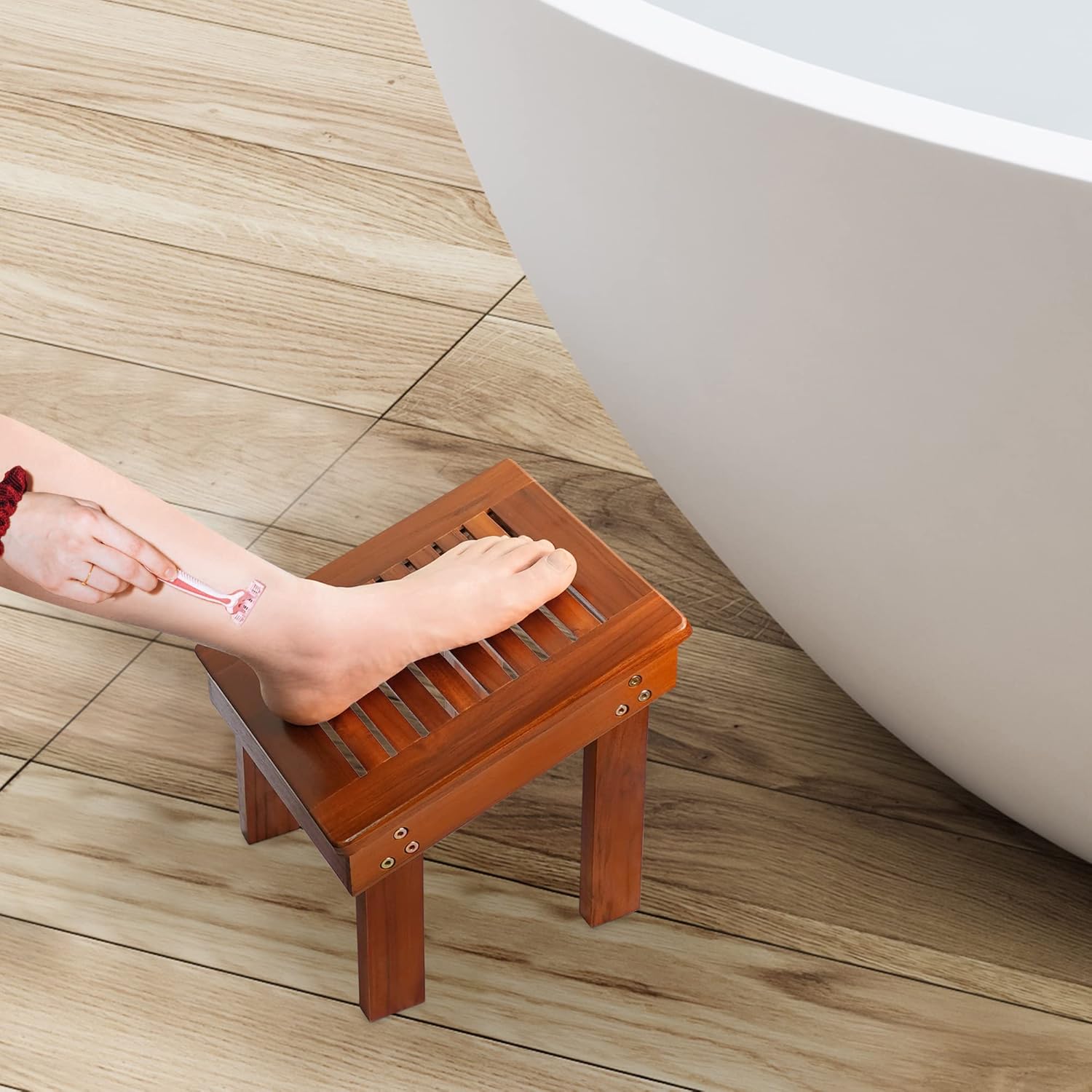 Utoplike Teak Shower Bench Seat with Handles and Wood Shower Foot Stool for Shaving Legs Portable Wooden Spa Bathing Stool