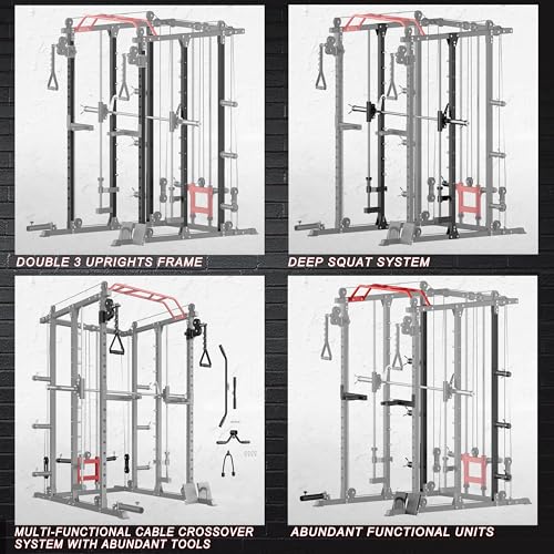Fitness Deep Squat Machine with Cable Crossover System and Multi-Function Squat Rack Power Cage for Home Gym.