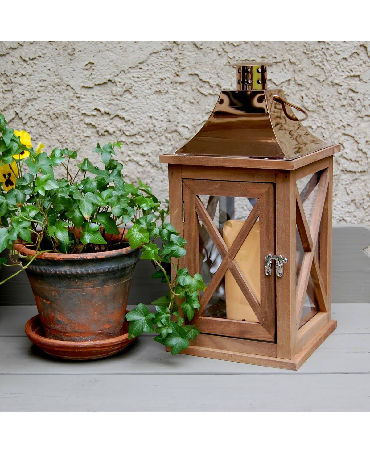 Lumabase Natural Wooden Lantern with Copper Roof and LED Candle - Brown