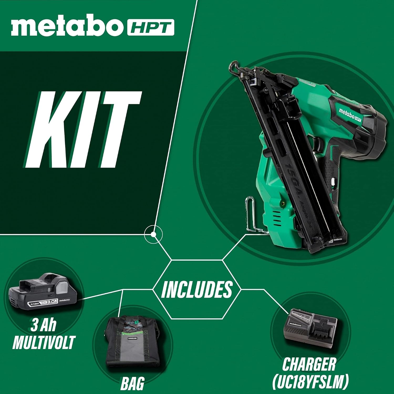 Metabo HPT Cordless Finish Nailer Kit, 18V - 3.0 Ah Lithium Ion Battery, Brushless Motor, 15 Gauge, Lifetime Tool Warranty (NT1865DMAS)