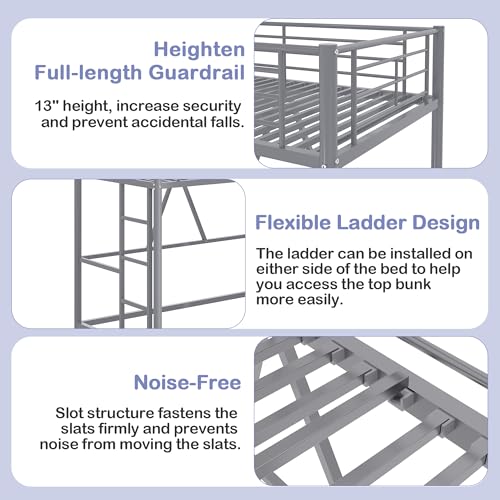VECELO Metal Loft Bed Twin Size, Heavy Duty Bedframe with Removable Ladder and Safety Guardrail, Space-Saving, Noise Free, No Box Spring Needed, Off White