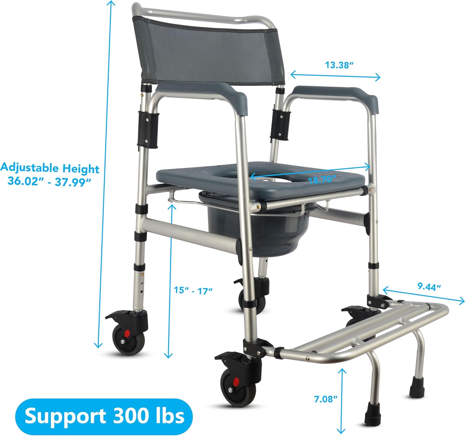 3-in-1 Aluminum Bedside Commode Toilet Shower Chair with Swivel Wheels 6.3 qt Bucket 4 Brake Casters Tool-free Assembly Support Up to 300 lbs Height Adjustable Lightweight
