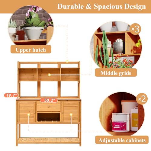 Outdoor Wooden Potting Bench Table – Farmhouse Garden Workstation with Drawers, Cabinet & Storage Shelves, Large Fir Wood Work Table for Patio, Backyard, Mudroom, Greenhouse (Light Brown, 66''H)