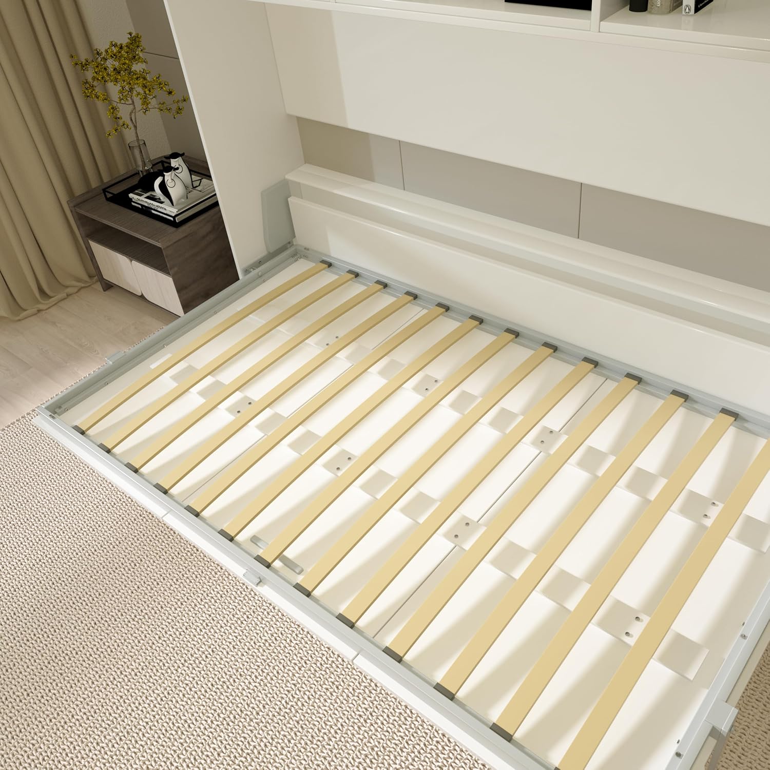 Twin Size Murphy Bed, Modern American Wall Bedframe with Six Storage Shelf, Flexible Slats Support & Space-Saving Design, Gas Struts, Cube Beds for Guest Room/Office, White
