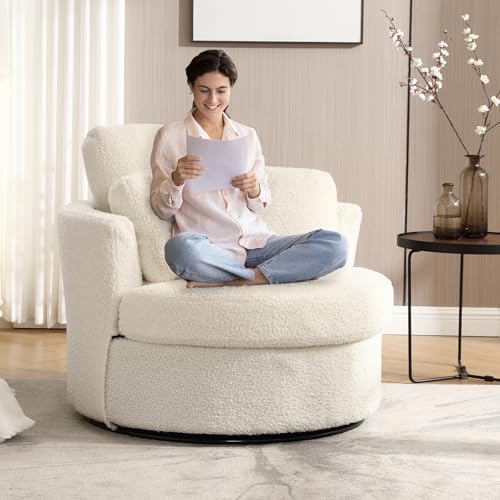 Chair and A Half with Ottoman, 360° Swivel Accent Barrel Chair Modern Comfy Round Reading Sofa Swivel Chairs Circle Lounge Chair for Bedroom Living Room w/4 Pillow Lower Seating Heigh (White, Large)