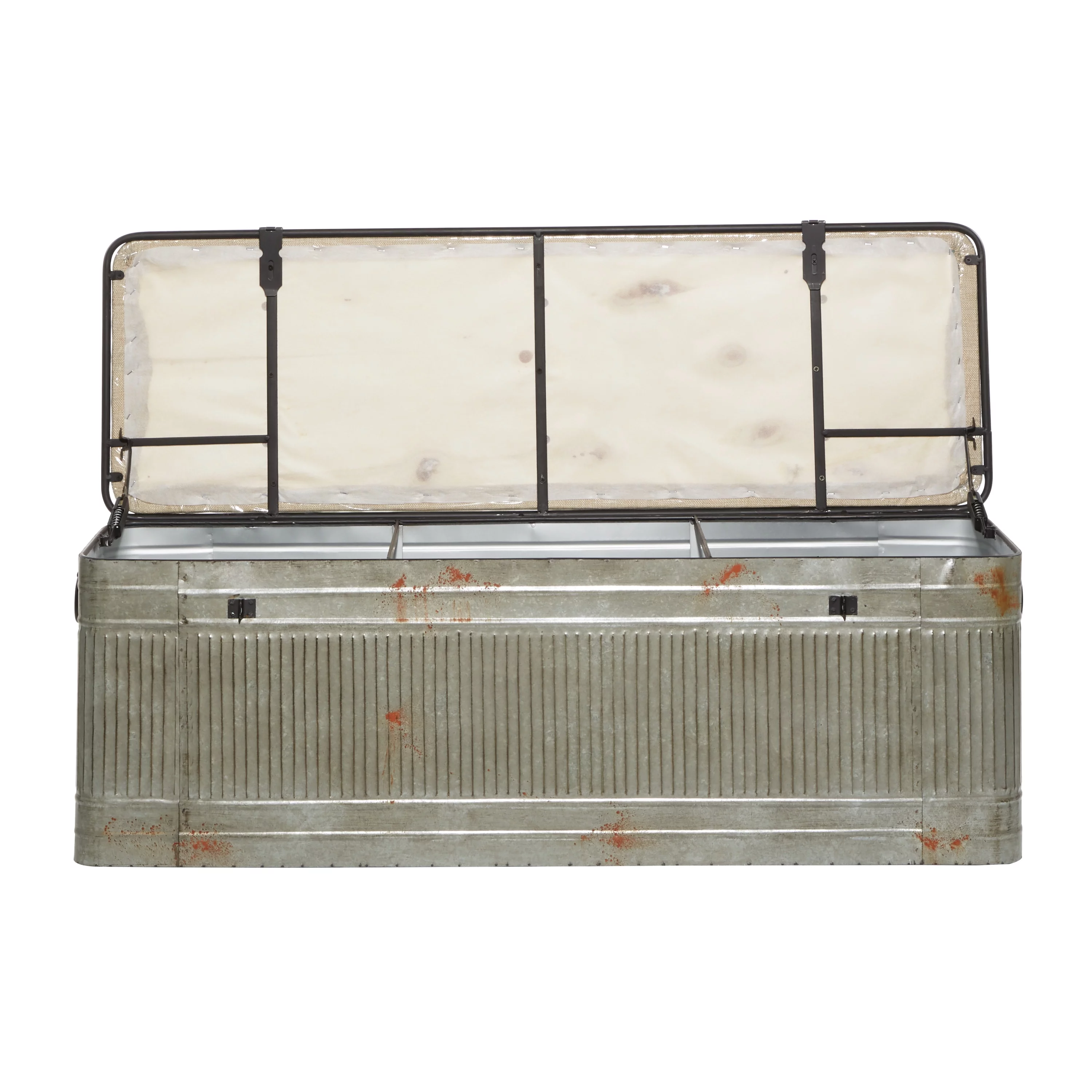DecMode Metal Galvanized Storage Bench with Cream Burlap Top, Gray