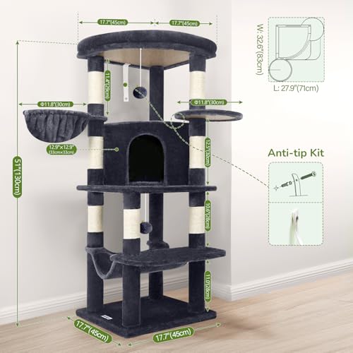Globlazer Corner Cat Tree for Large Cats, 66inch Tall Curved Series Large Cat Tower for Multiple Indoor Cats with 6 Scratching Posts, 2 Spacious Cat Condos, Hammock, Hanging Basket, C66, Beige