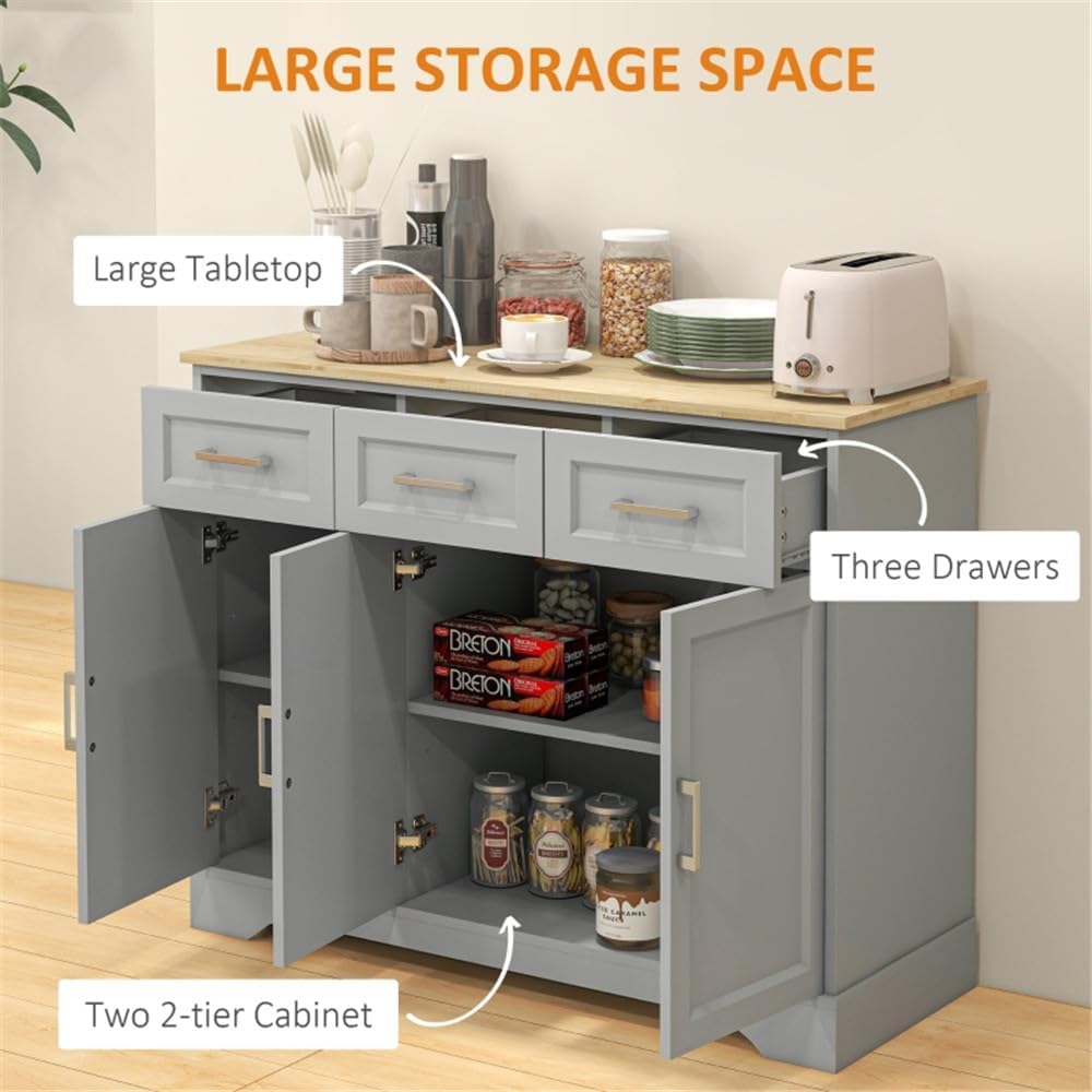 Sideboard with Solid Wood Countertop, Modern Kitchen Storage Cabinet, Coffee Bar Cabinet with 3 Drawers, Doors and Adjustable Shelf, Gray