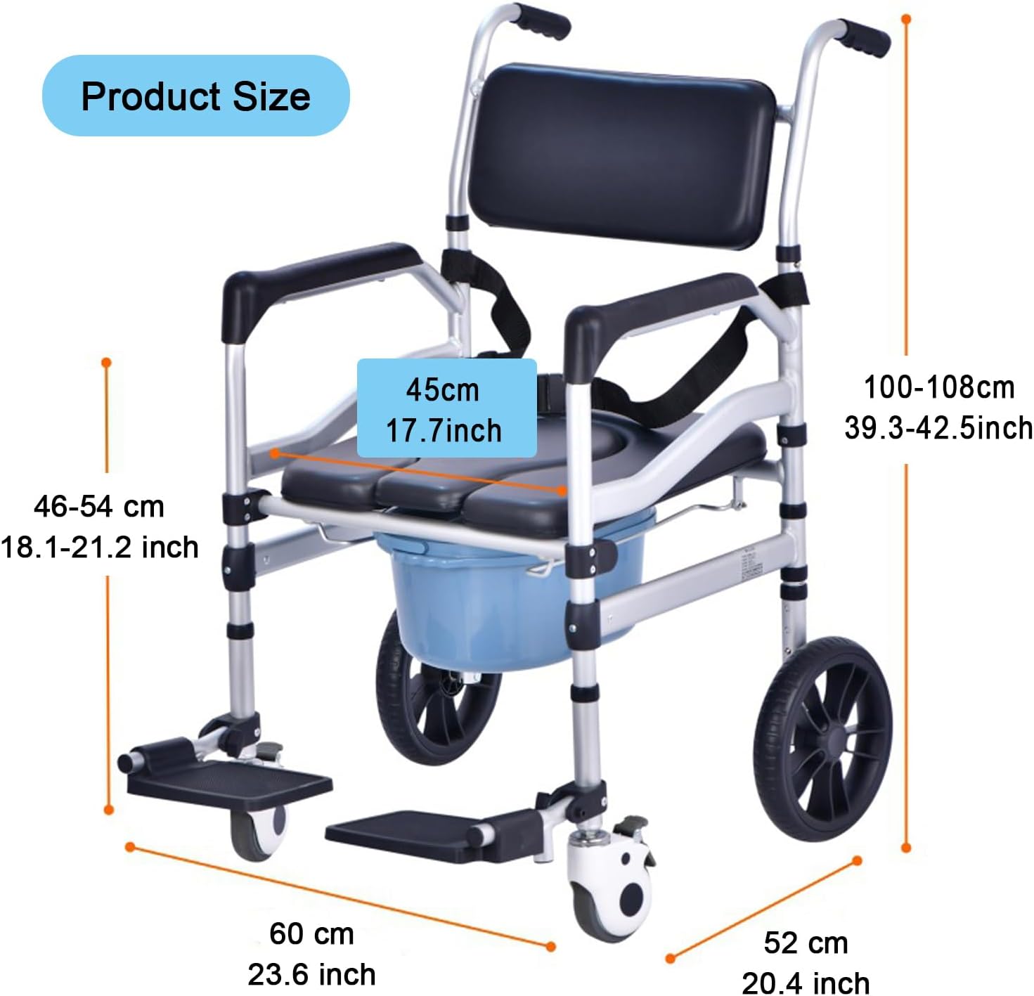 Height-Adjustable Commode Chair,Commode Chair on Wheels,Foldable Mobile Toilet Shower Stool for The Elderly and Disabled,Bedside Commode Chair with Removable Bucket and Flip-up Footrest