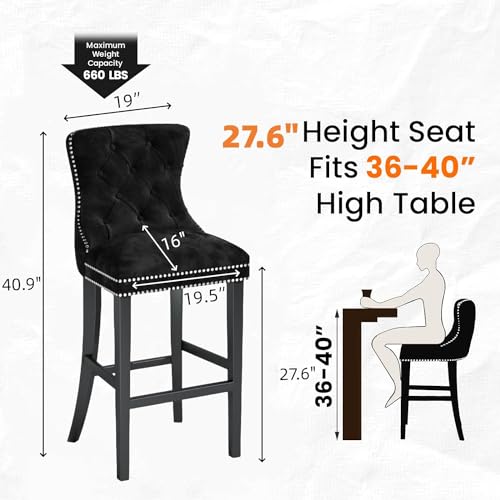 Recaceik Velvet Counter Height Bar Stools Set of 2, Upholstered Tufted Bar Stools with Back, 27" Kitchen Counter Stool for Island, High Back Kitchen Island Chairs for Home Bar, Dining Room(Blue)