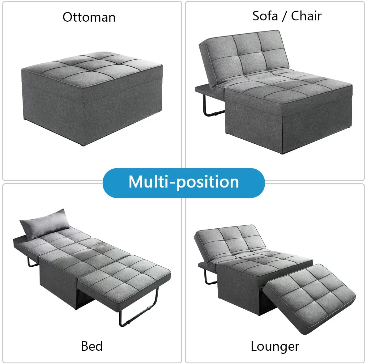 Vonanda Sofa Bed, Convertible Chair 4 in 1 Multi-Function Folding Ottoman Modern Breathable Linen Guest Bed with Adjustable Sleeper for Small Room Apartment, Dark Gray