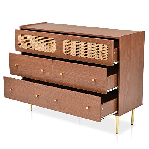 Dresser for Bedroom, Chest of Drawers, 6 Drawer Dresser, Floor Storage Drawer Cabinet for Home Office, Drawer Chest of Drawers Rattan Chest of Drawers Highboard with 6 Drawers (Natural Cherry)