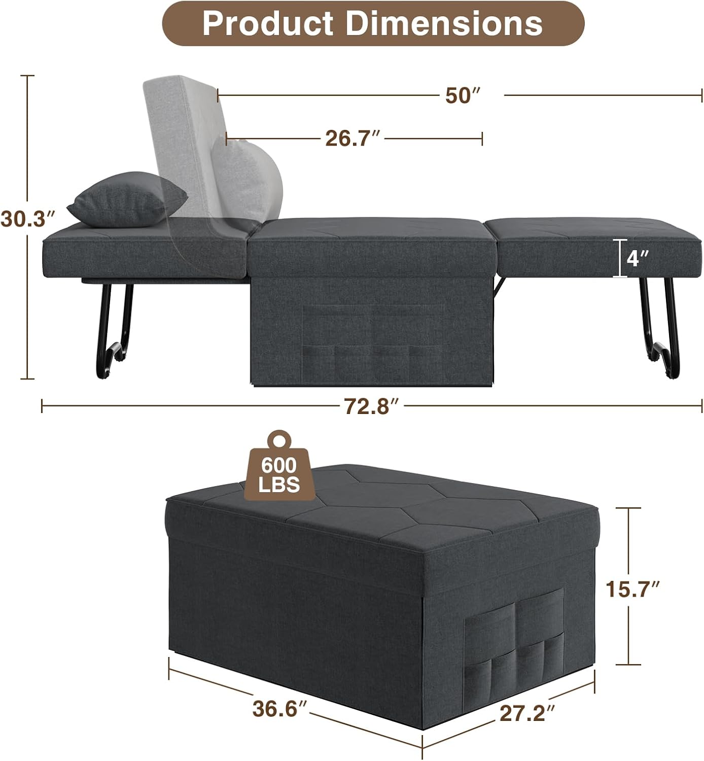 4 in 1 Sleeper Chair, Convertible Sleeper Sofa with Hide a Bed Chair, Sleeper Chairs for Adults, Ottoman Bed Sleeper with Adjustable Backrest for Living Room Apartment Office, Dark Grey