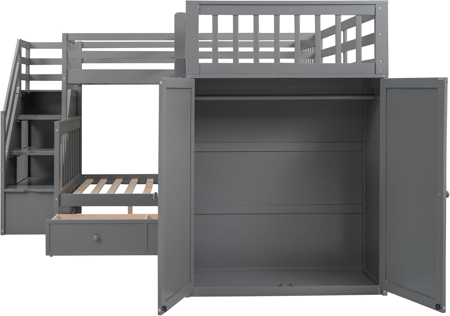 Twin Over Twin Over Full Triple Bunk Bed with Stairs Storage, Portable Desk, Wardrobe and 3 Drawers, L-Shaped Stairway Wooden Bunkbeds, for Kids Teens Adults, Bedroom/Dorm Furniture, Gray