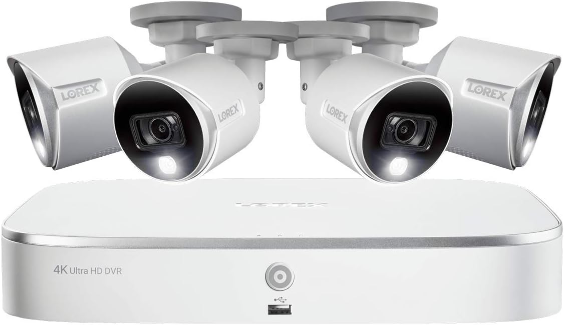 Lorex 4K Security Camera System, Wired DVR, Ultra HD Indoor/Outdoor Bullet Cameras with Motion Detection, Color Night Vision & Smart Home Compatibility, 2TB 8 Channel DVR, 4 Cameras