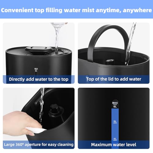 6L Humidifiers for Bedroom Large Room Home, Cool and Warm Humidifiers for Baby and Plants Mist Top Fill Desk Humidifiers Essential Oil Diffuser, Quiet with Adjustable Mist,360°Nozzle-Black