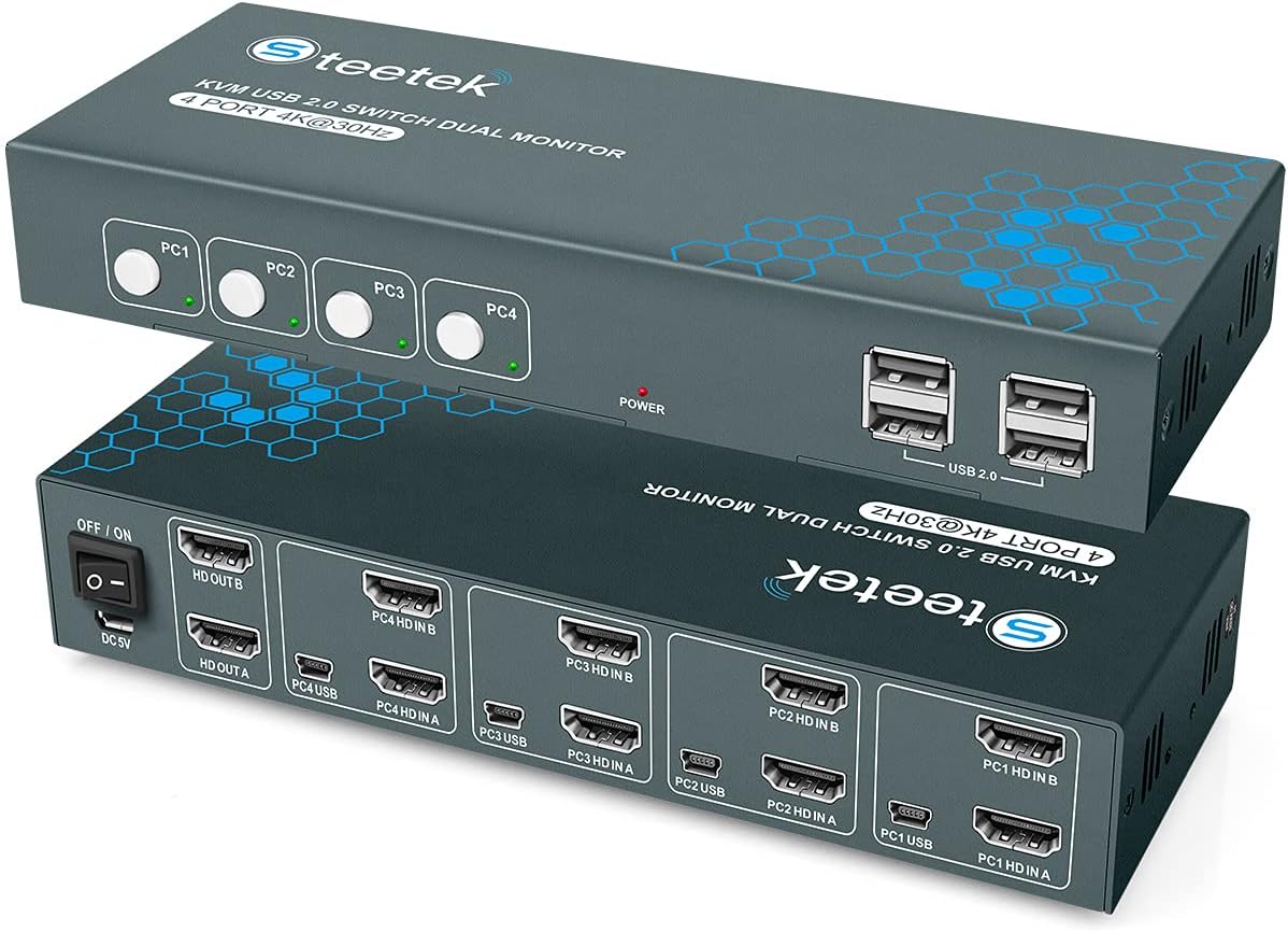 KVM Switch Dual Monitor 4 Port 4K@30Hz, HDMI KVM Switch Extended Display 4 in 2 Out, PC Screens Keyboard Mouse Switcher. Button Switch and HDCP 1.2 Supported, with 8 HDMI and 4 USB Cables