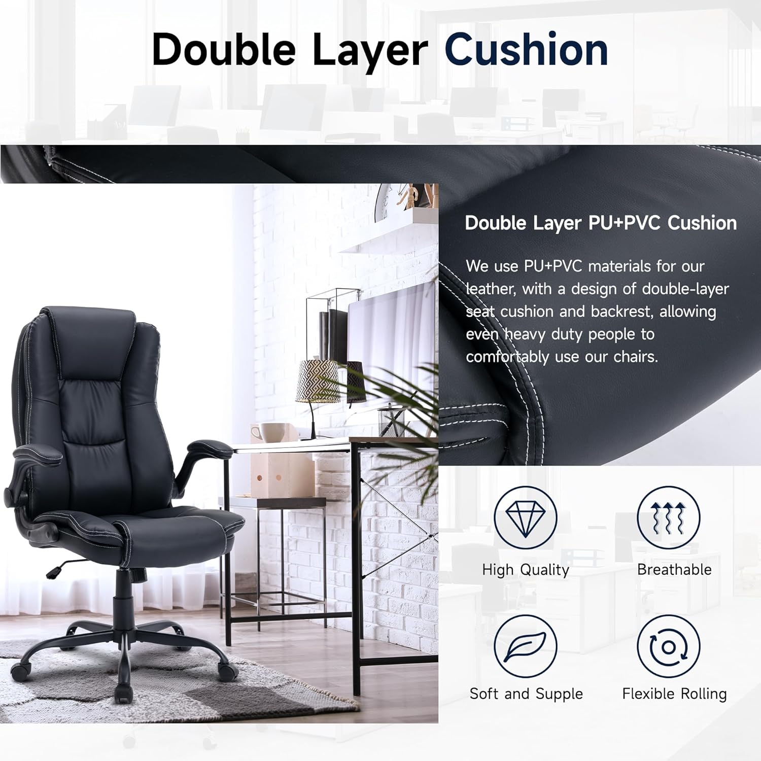 Big and Tall Office Chair,High Back Executive Office Chair with Flip-up Armrest,PU Leather Ergonomic Office Chair with Back Lumbar Support,Swivel Rolling Desk Chair with Wheels(Black)