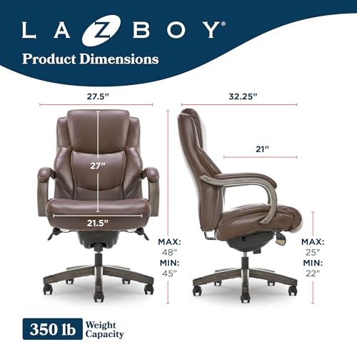 La-Z-Boy Delano Big & Tall Executive Office Chair, Ergonomic Mid-Back Body Pillow Lumbar Support, ComfortCore Memory Foam Cushion, Mahogany Wood Arms & Swivel Base, Bonded Leather, Chestnut Brown