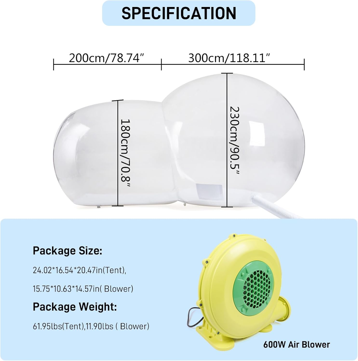 10FT Bubble Inflatable Tent, 3M PVC Inflatable Commercial Two Room House, Clear Eco Dome Camping Bubble Tent with Air Pump for Indoor/Outdoor Family Backyard Camping Festivals