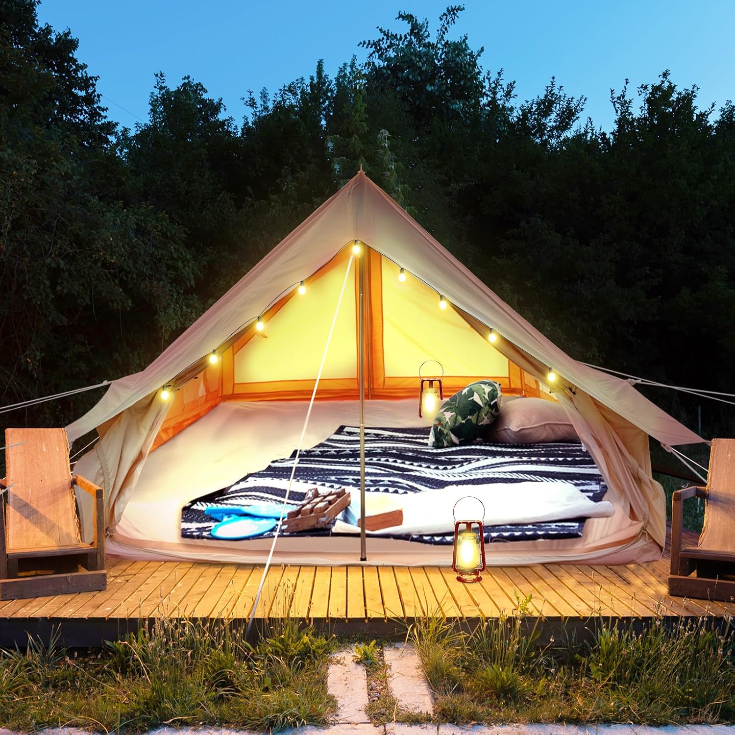 Double Door Canvas Glamping Tent Rainproof, Camping Bell Tent for 4 Person with Windows, Easy Set-Up All Season Tents - Embrace Outdoor Luxury with Family-Friendly Tent and Ready for Thrills