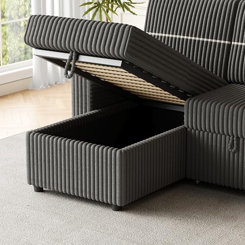 L-Shaped Sleeper Sectional Sofa Bed with Storage Chaise, Convertible Sleeper Sofa Pull Out Couch Bed, Corduroy Upholstered 3 Seater Corner Sofa with Cup-holder, USB Charge Port, Brown