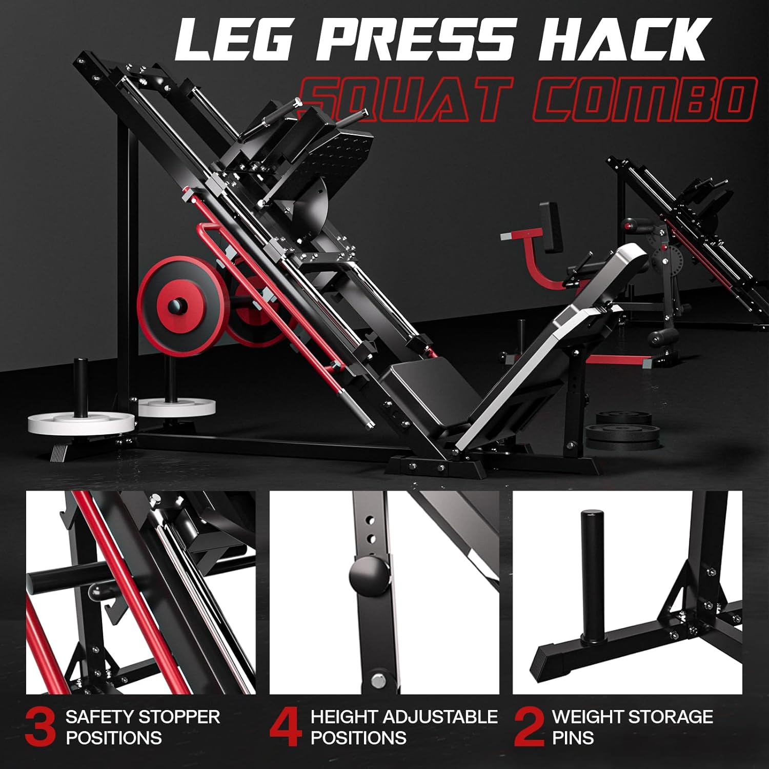 Leg Press Machine Hack Squat Equipment, Lower Body Exercise Machine Combo with Linear Bearing, Leg Press Machines for Home Gym Leg Day with Weight Storage for Quad, Hamstring, Glute, Red