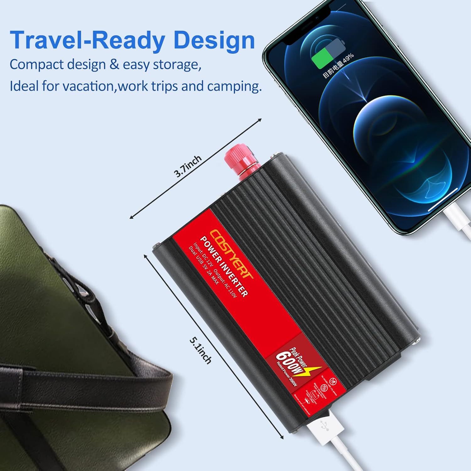 COSTYERT 500W Power Inverter DC 12V to 110V AC Car Inverter with Alligator Battery Clamp, LCD Display, Dual AC Outlets & 2.0A USB Ports Charger, Red