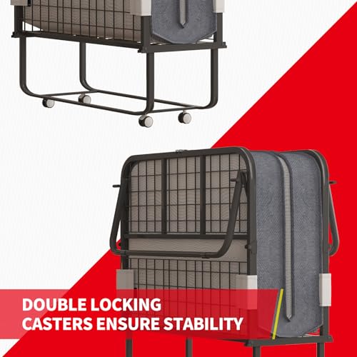 MUZZ Folding Bed with 5" Memory Foam Mattress,Rollaway Bed with Headboard for Adults, Portable Foldable Bed with 4 Lockable Wheels and Metal Frame for Living Room,Guest Room (75" x 31")