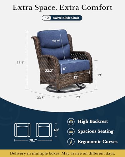 Luxury Patio Furniture Set with 6-inch Thick Cushion, Outdoor Couch and High Back Swivel Rocker Patio Chairs, 7PCS Wicker Conversation Set for Deck, Yard, and Poolside in Blue (V2)