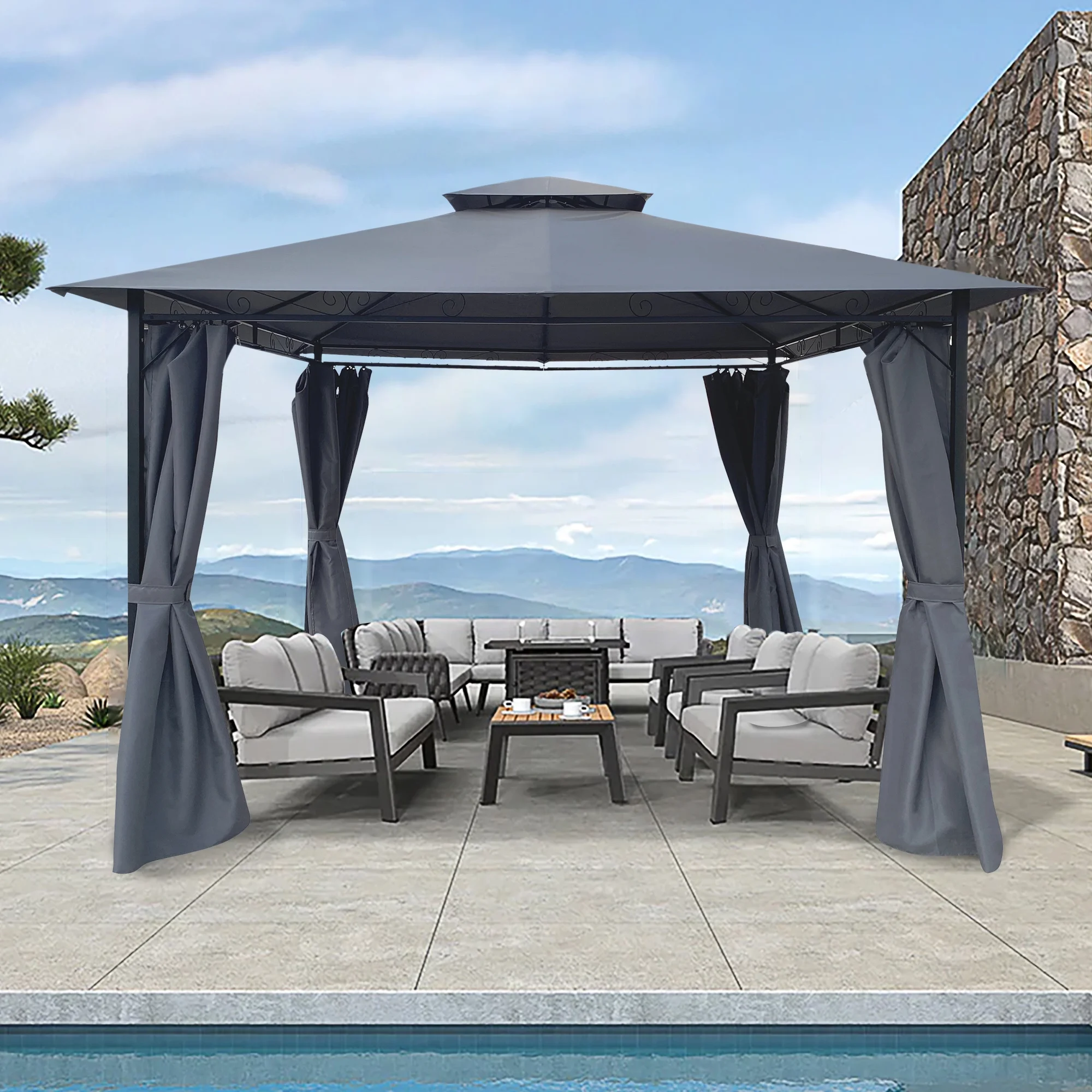 Unique Choice 10 x 10 ft Steel Outdoor Patio Gazebo with Curtain, Gray