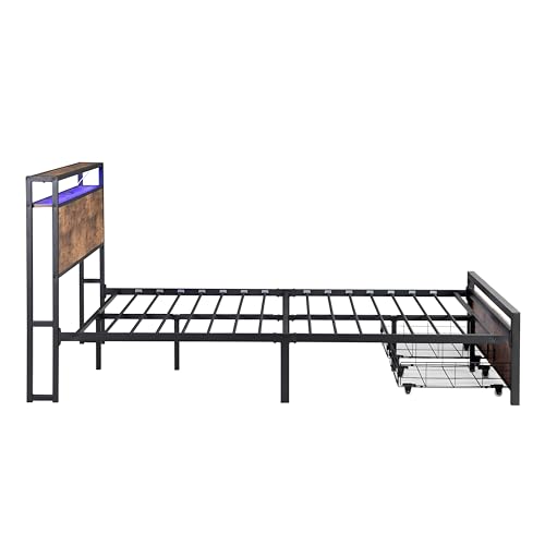 Full Bed with Storage Headboard and 2 Drawers, Full Size Bed Frame with LED Lights & Built-in USB Charging Stations, Metal Platform Bed, No Box Spring Needed, Easy Assemble